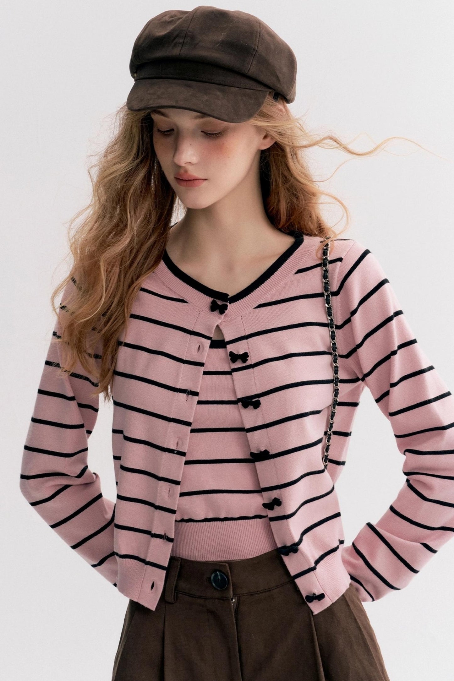 Striped Knit Suspender Cardigan & Top Set