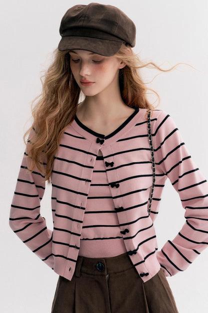 Striped Knit Suspender Cardigan & Top Set