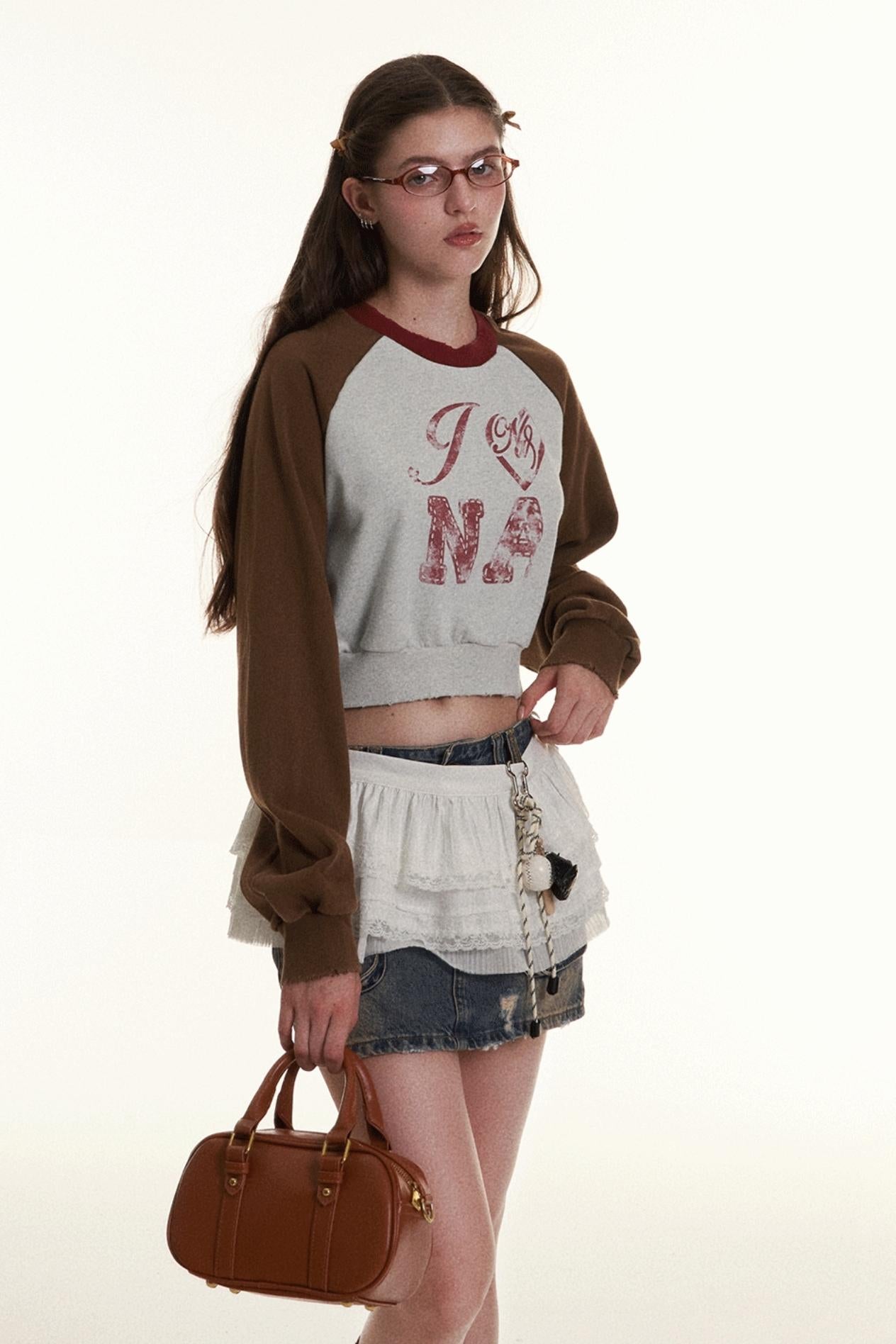 Retro Raglan Sleeve Contrast Print Sweatshirt