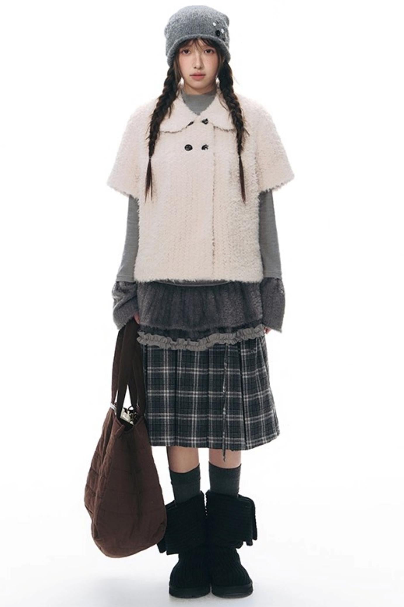 Double Waist Plaid Woolen Pleated Midskirt