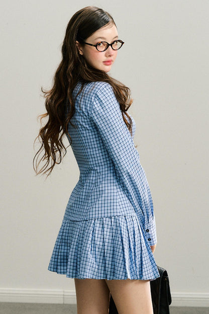 Long live the Milky Way [8.20 20:00] "She came from the sea" handmade red rose navy blue plaid shirt pleated skirt