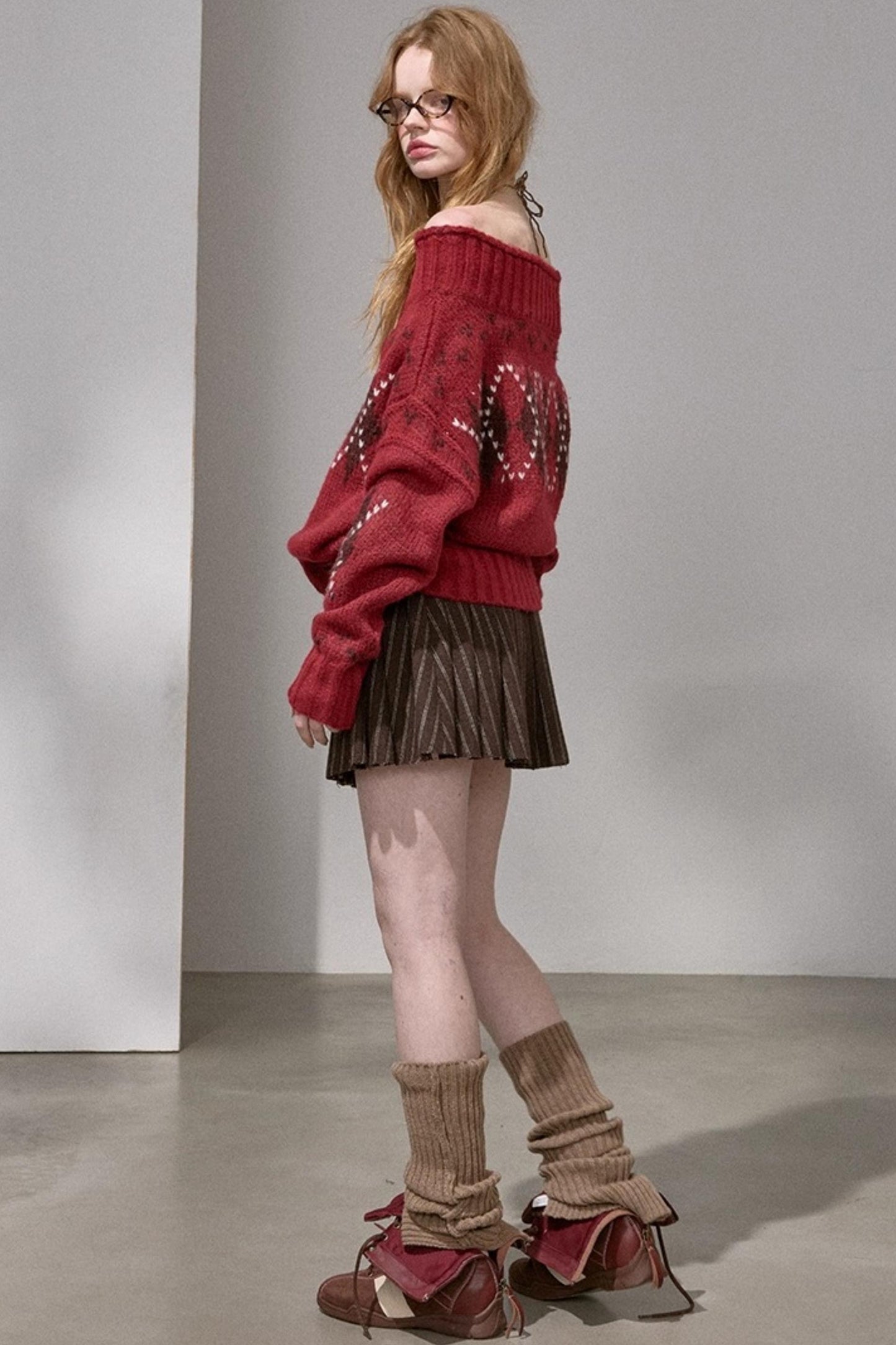 Thick Knit Argyle Off-Shoulder Sweater