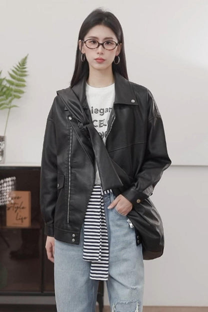 Simple Black PU Leather Jacket