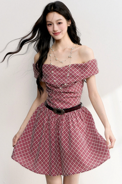Retro-rotes kariertes A-Linien-Kleid
