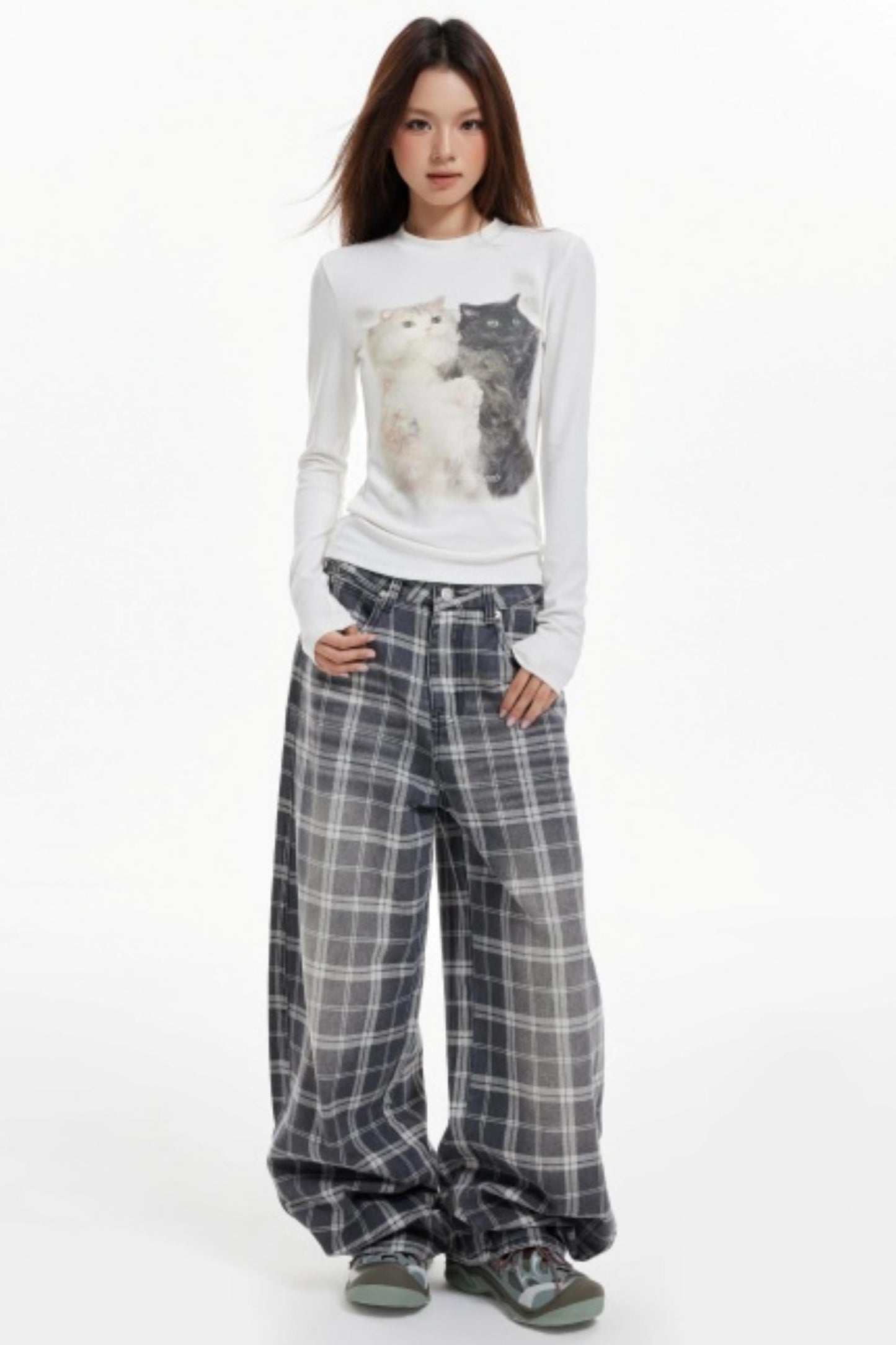 Cat Print Slim Knit Base Top