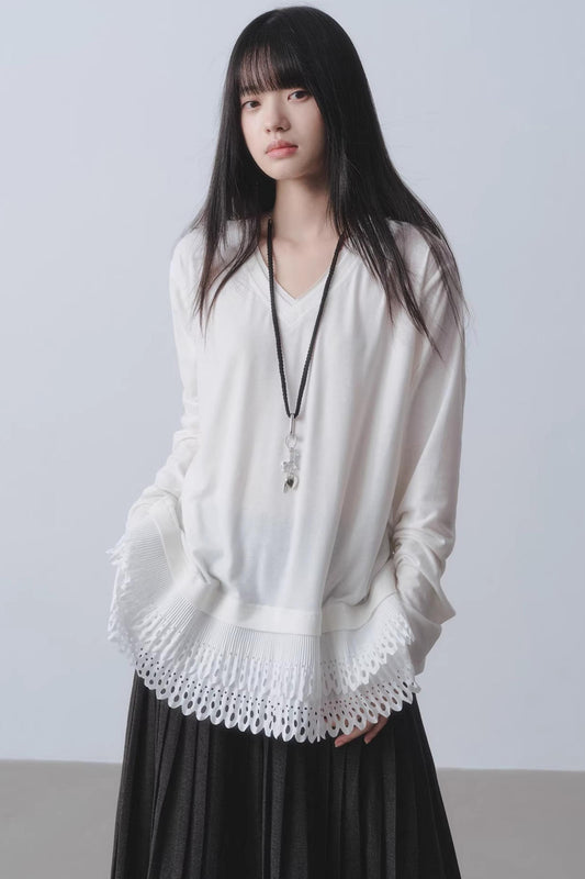 White Patchwork V-Neck Top