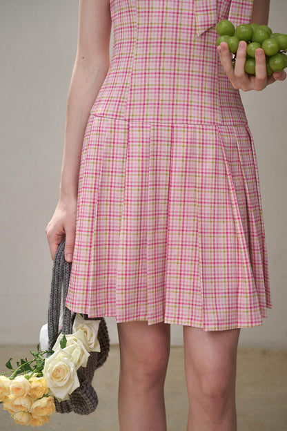 Bow Halterneck Plaid Dress