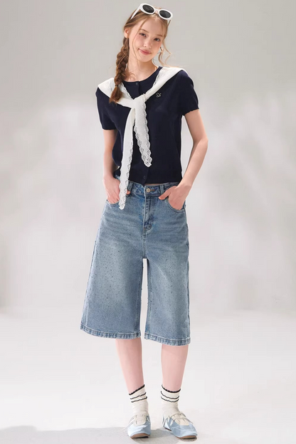 Rhinestone Denim Cropped Pants