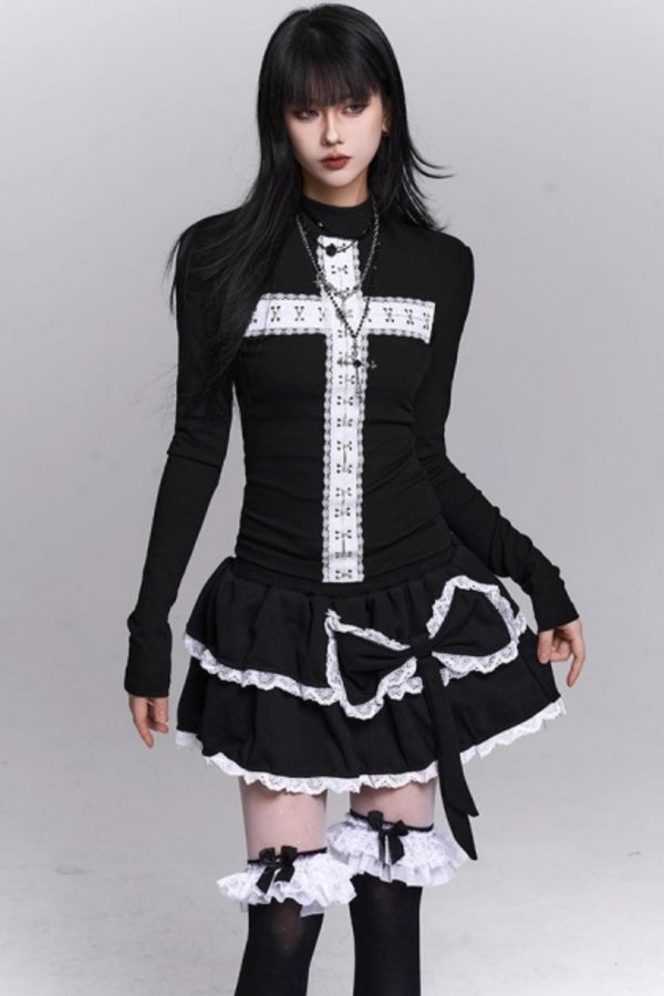 Gothic Cross Design Collar Top