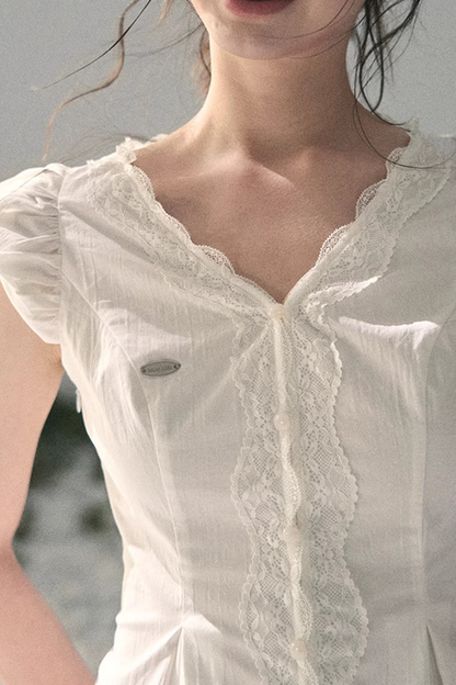 French V-Neck Lace Blouse