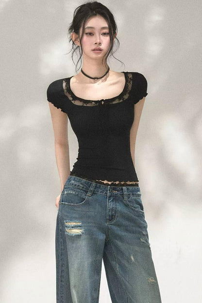 Lace Ruffle Short Sleeve Top