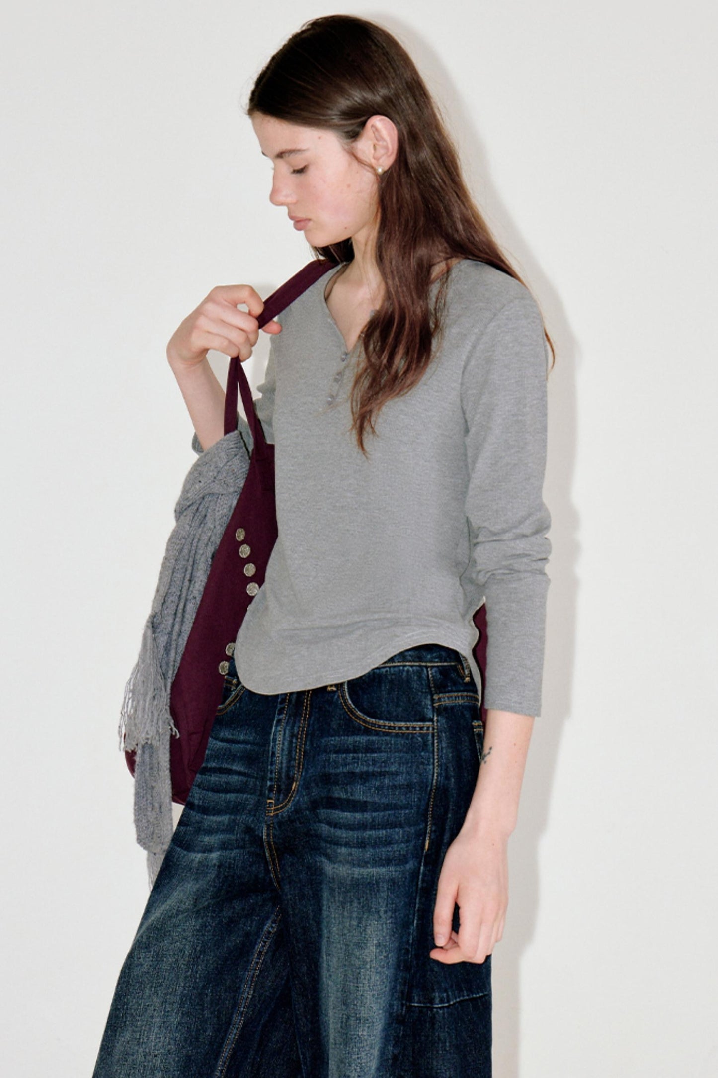 Button-Embellished Crew Neck Top