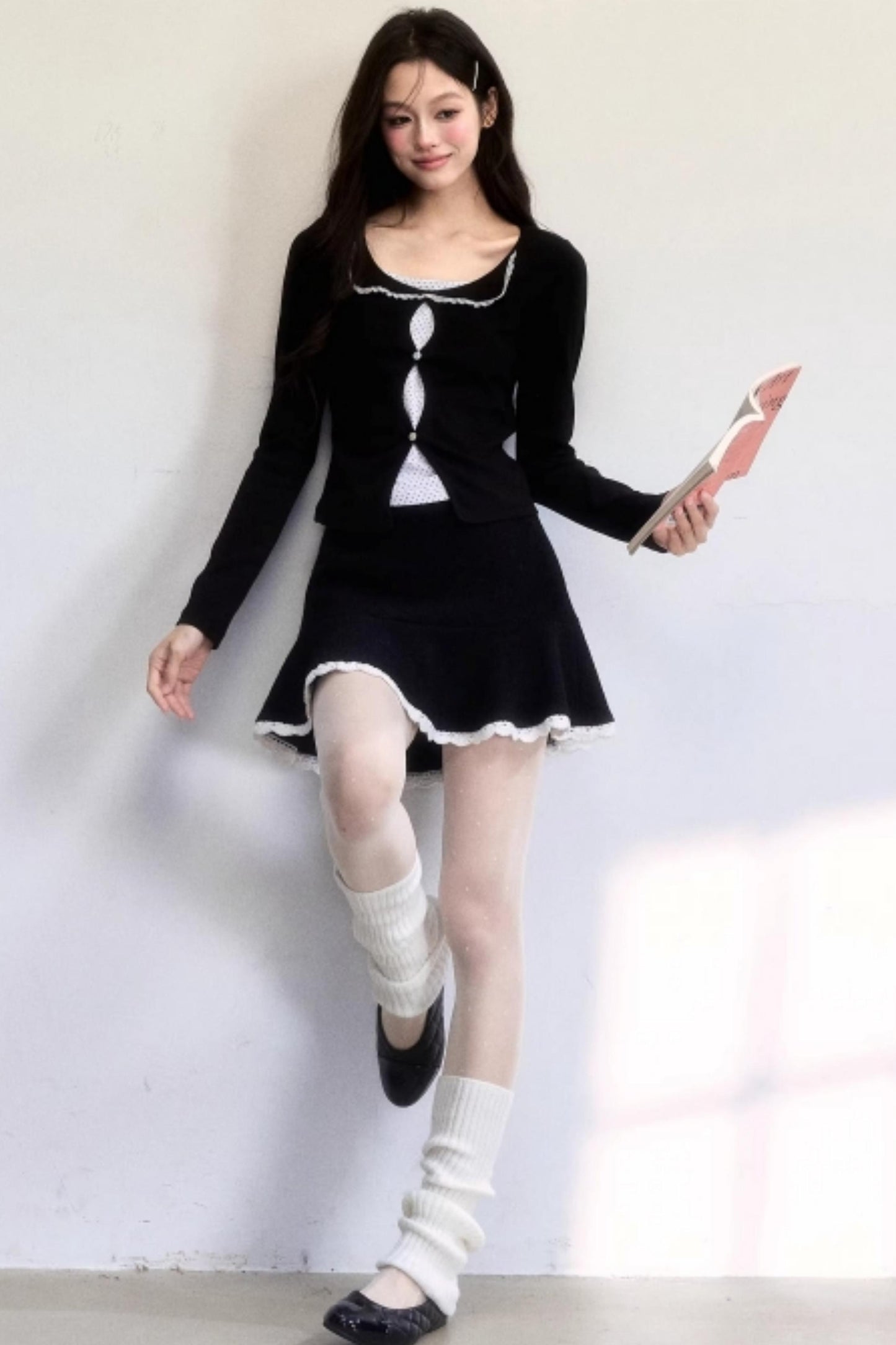 Polka Dot Hollow-Out Knit Sweater Set-Up