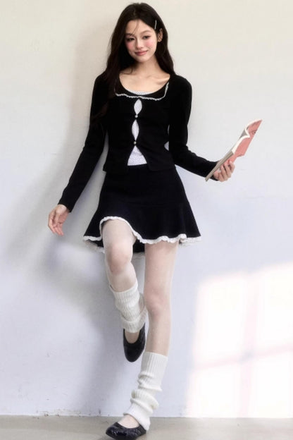 Polka Dot Hollow-Out Knit Sweater Set-Up