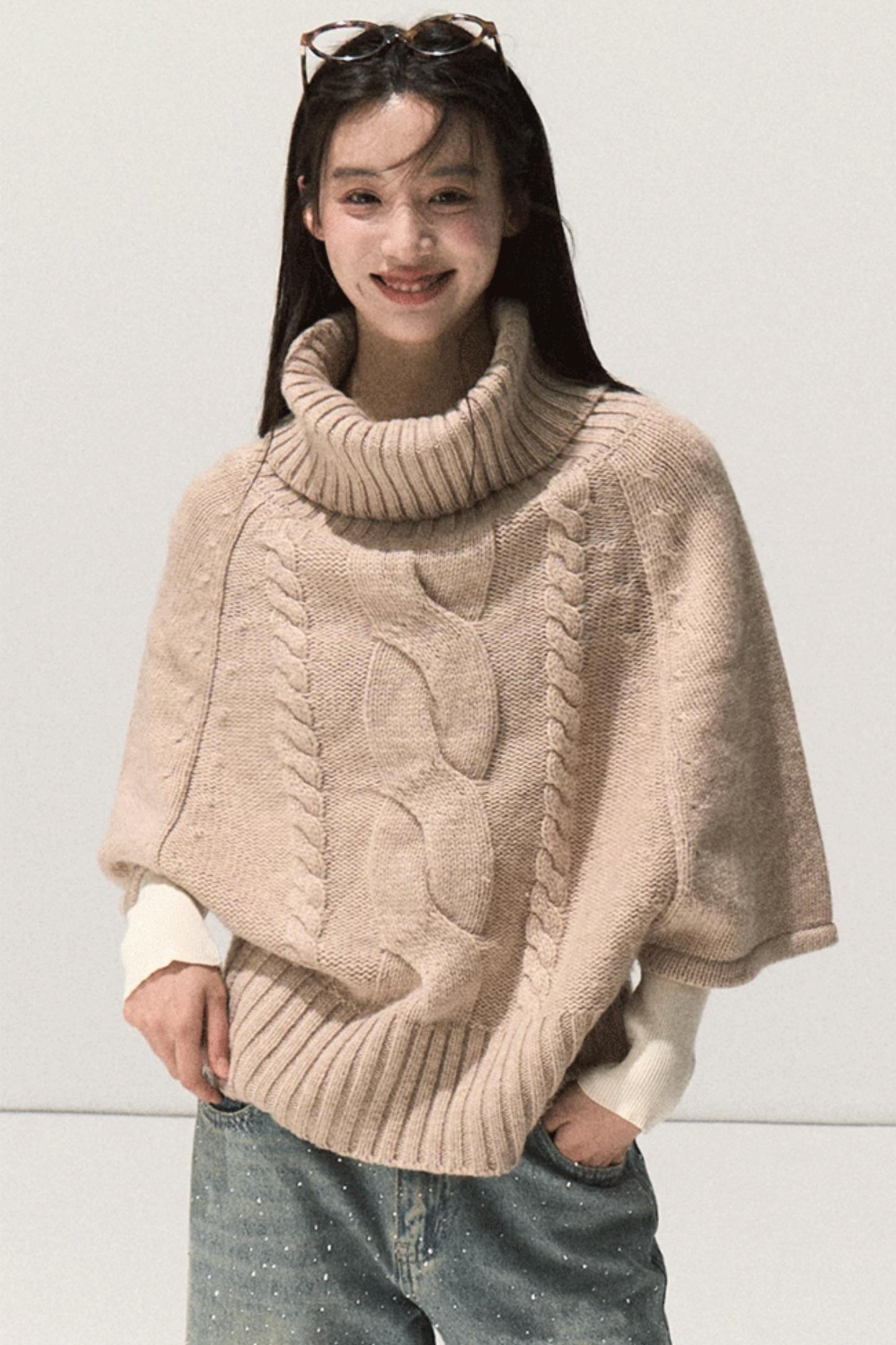 Wool Twist Knit Cape Sweater Top Skirt Set-Up