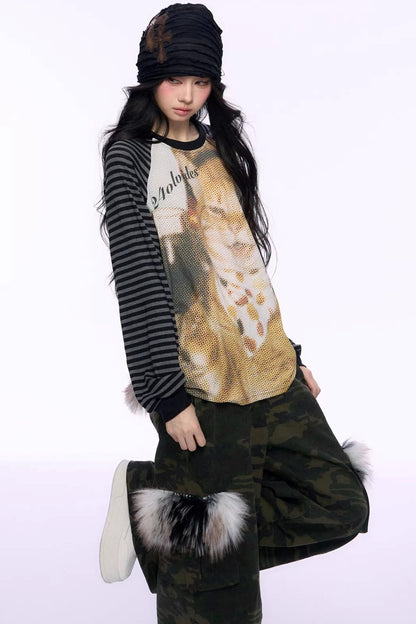 Cat Print Raglan Knit Top