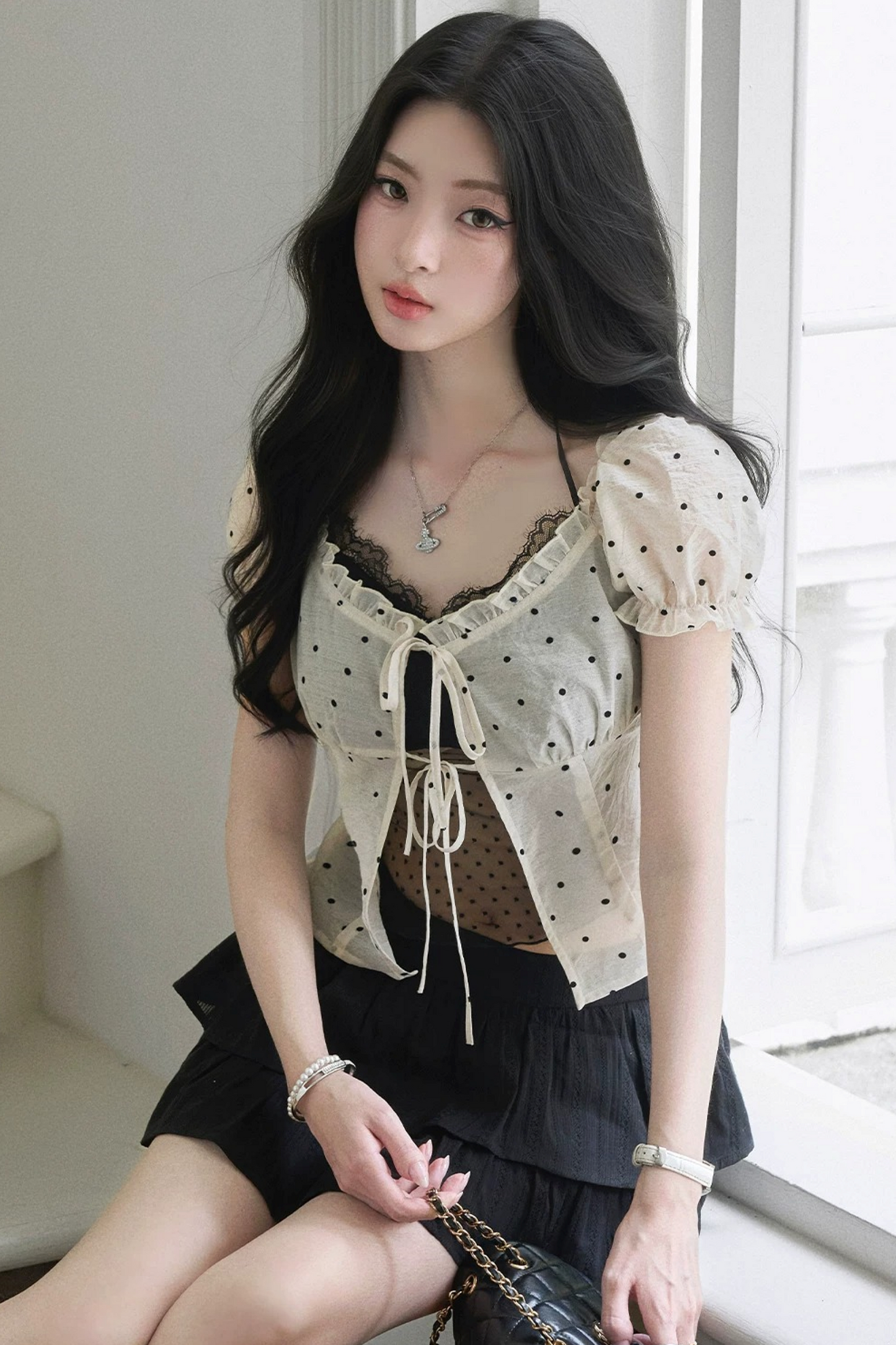 Polka Dot Mesh Puff Blouse