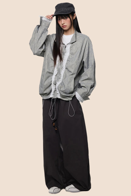 Loose Fit Pleated Lace Zip Jacket