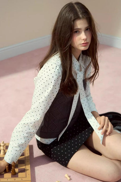 Polka Dot Patchwork Shirt And Skirt Set-Up