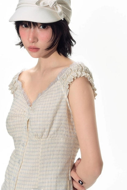 Checked Sleeveless One-Shoulder Shirt Set-Up