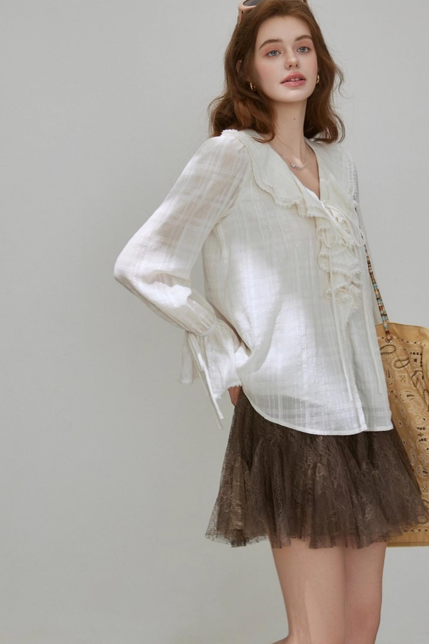 White V-Neck Ruffled French Top Shirt