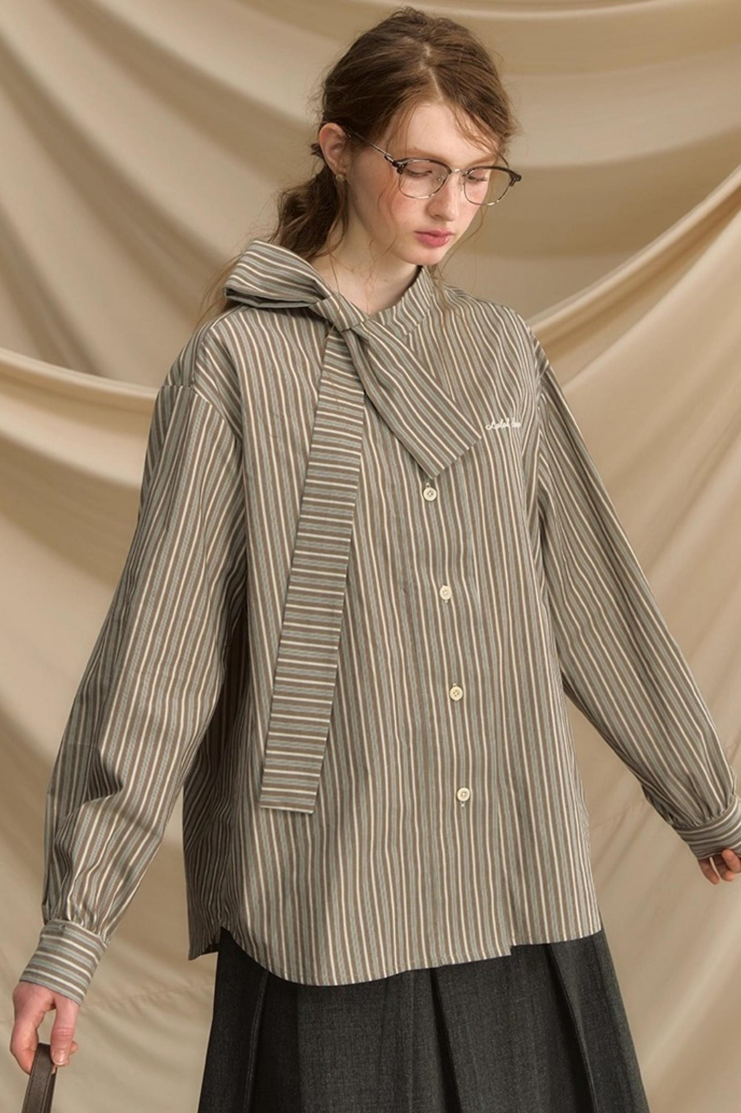 Vintage Bow Strap Striped Shirt