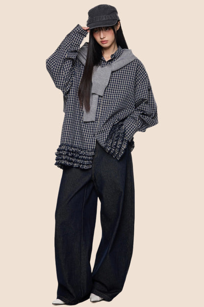 Plaid Pleated Long Sleeve Shirt