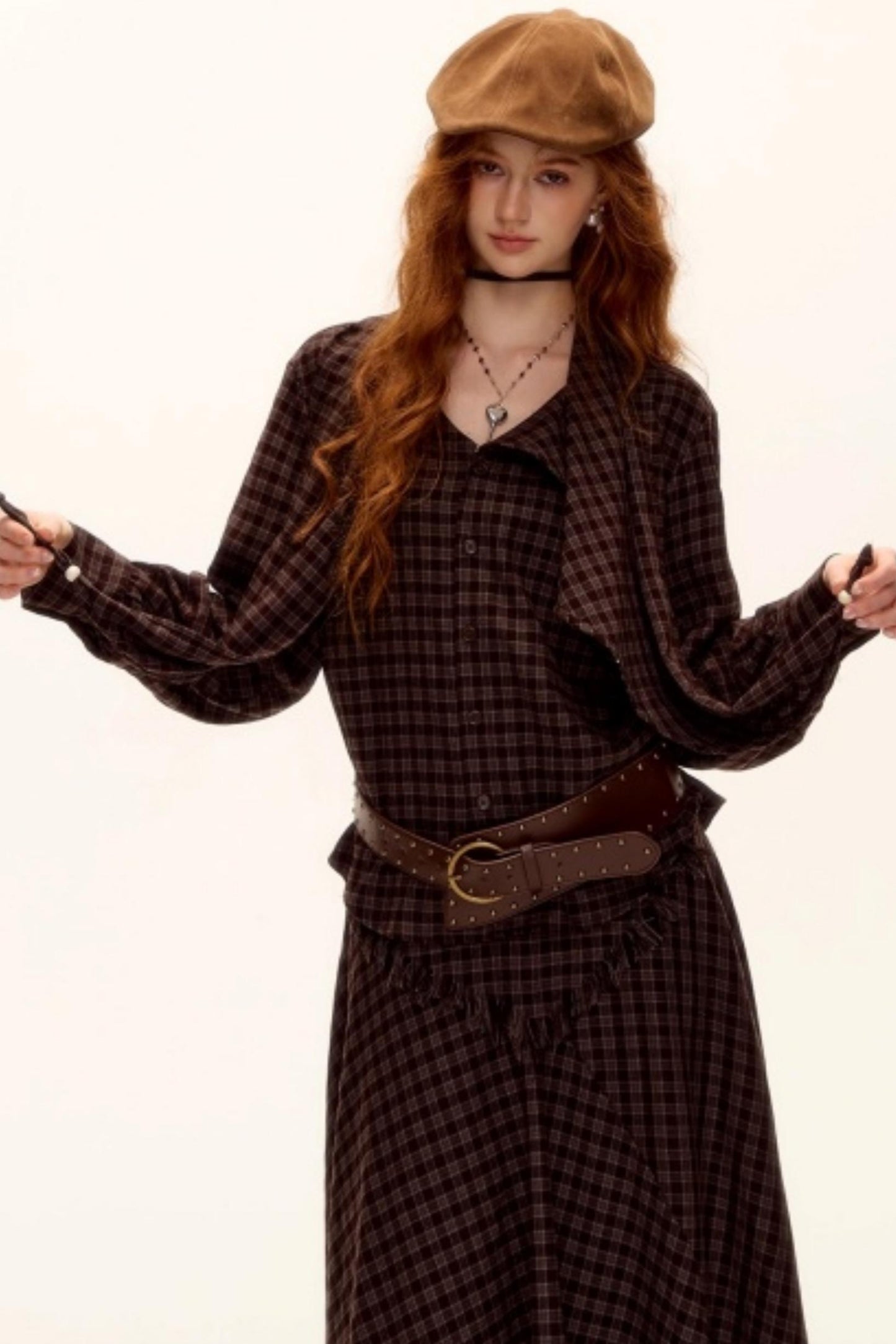 Retro Beaded Plaid Shirt Set-Up