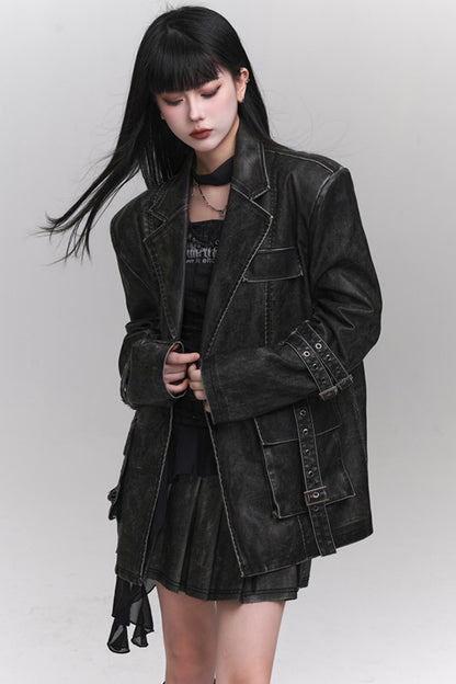 Ghost Girl Autumn and Winter Unique Super Good-looking Old Leather Jacket Women's 2024 New Cool Drag Sister Outfit