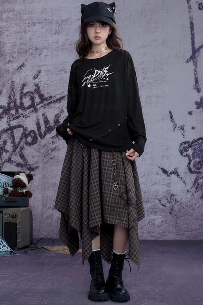 Fighting Spirit Street Brown Plaid Long Skirt