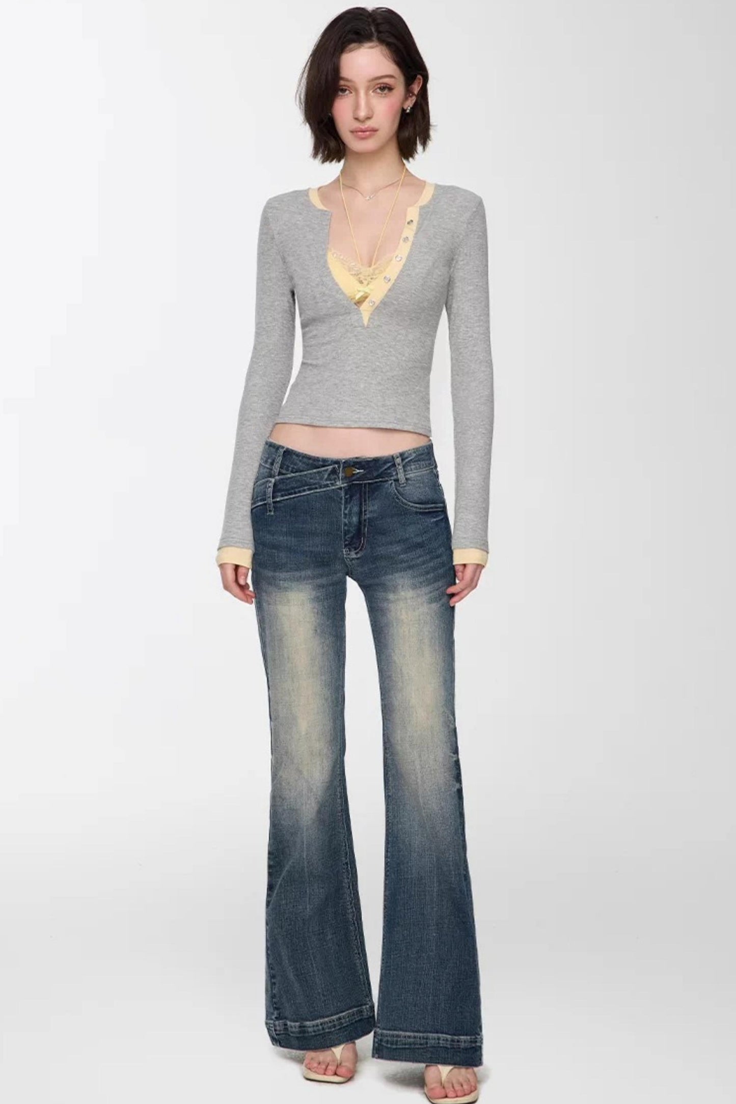 Color-Blocked Deep V-Neck Top Set-Up