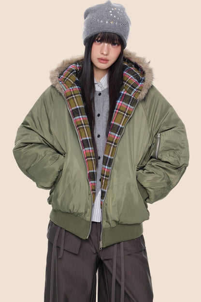 Fur Collar Plaid Parka Jacket