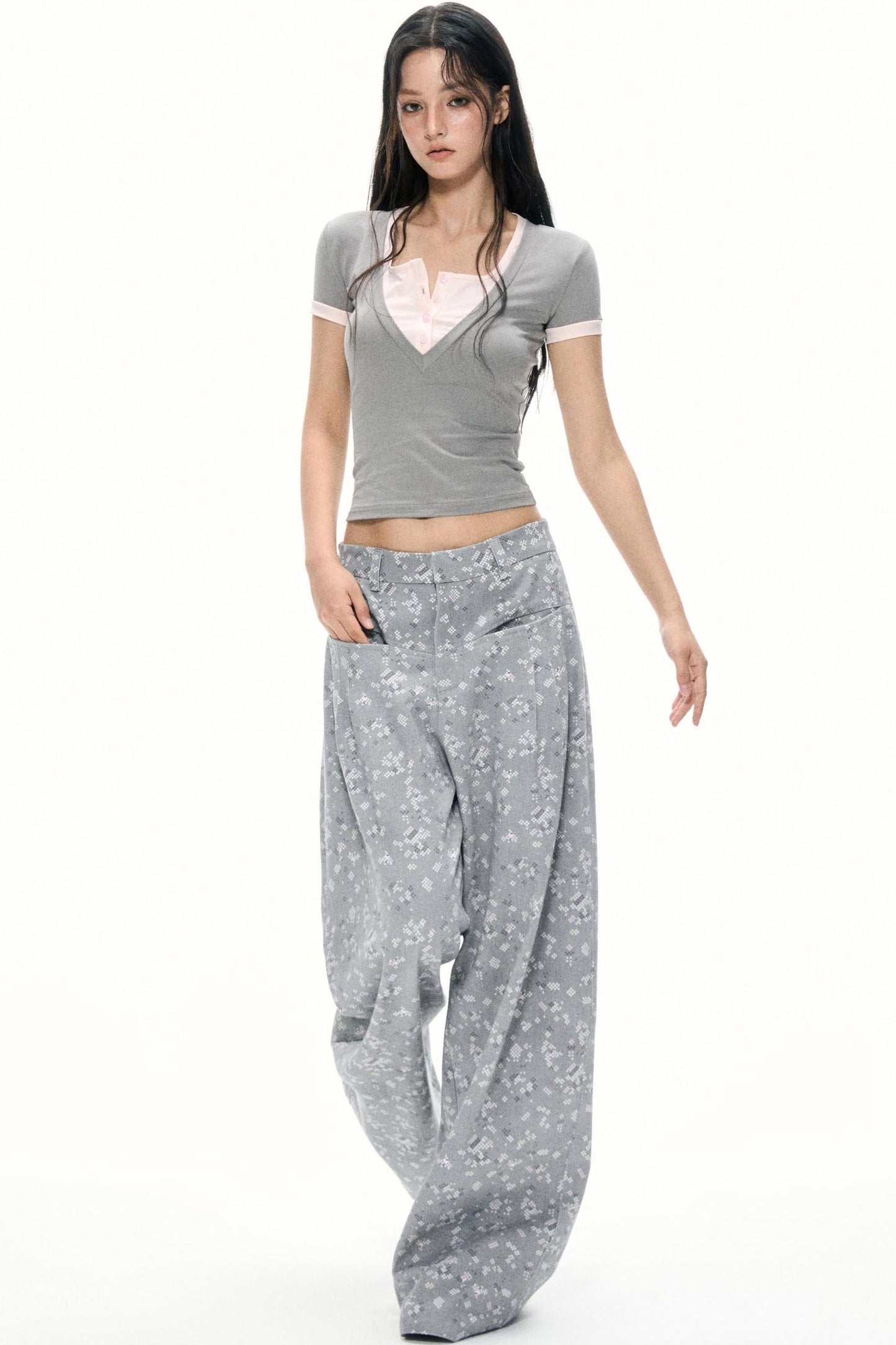 Gray Floral Wide-Leg Pants