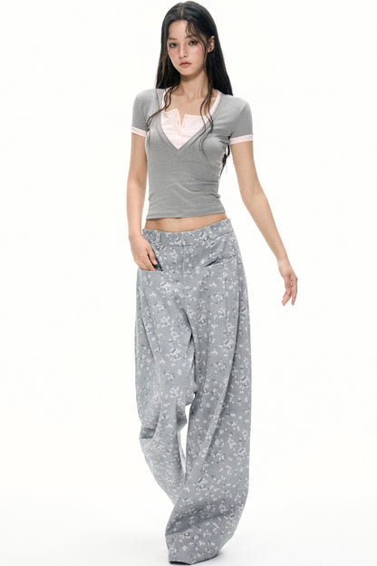 Gray Floral Wide-Leg Pants