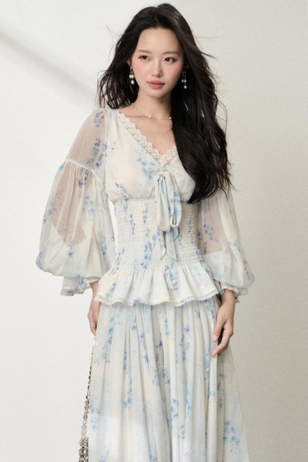 Floral V-Neck Shirt Skirt Set-Up