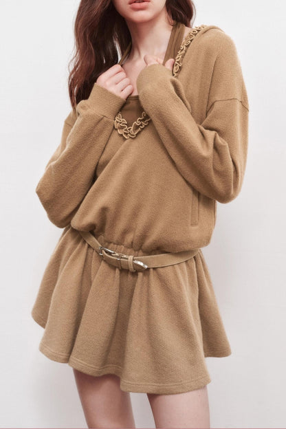 V-Neck Long Sleeve Ruffled Dress