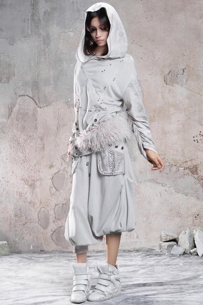 Retro Rivet Hooded Fleece Sweatshirt