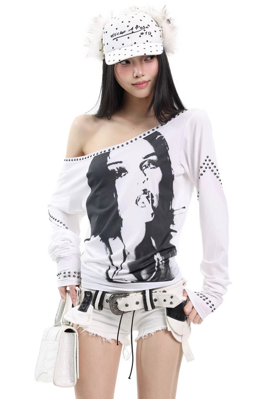 Weißes schulterfreies Porträt-Top