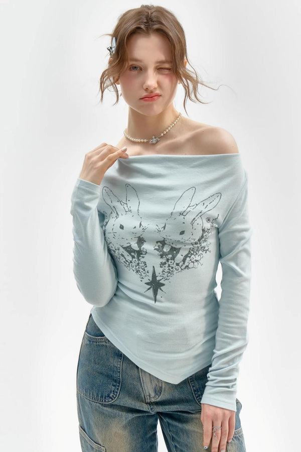 Knitted Long Sleeve Rabbit Print T-Shirt