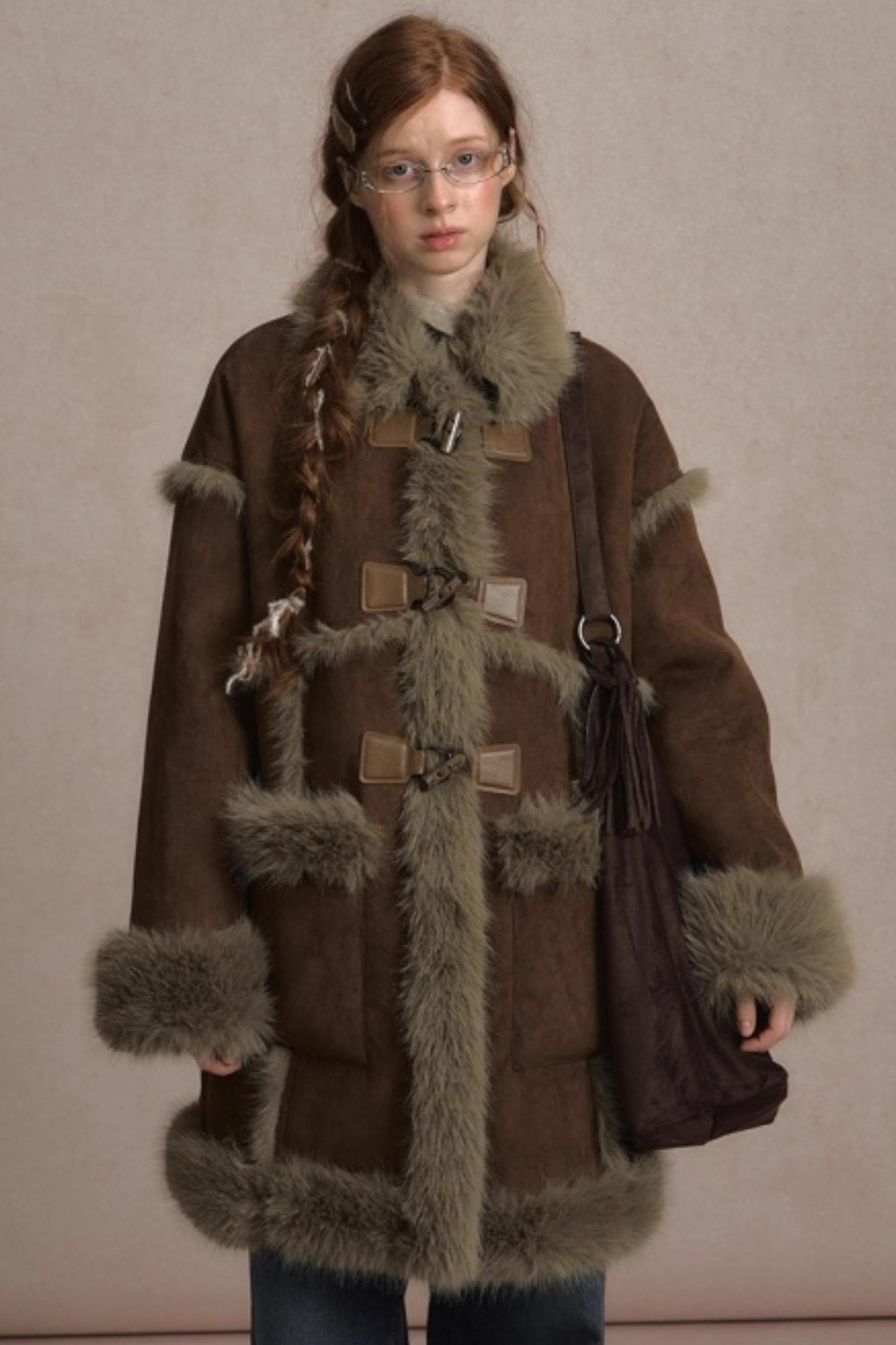 Integrated Fur Collar Horn Button Jacket