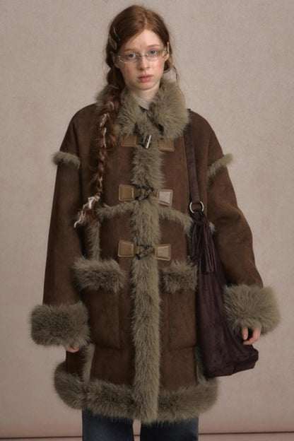 Integrated Fur Collar Horn Button Jacket