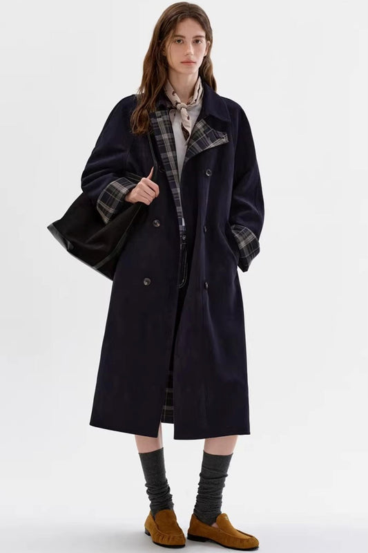 Contrasting Plaid Suede Coat