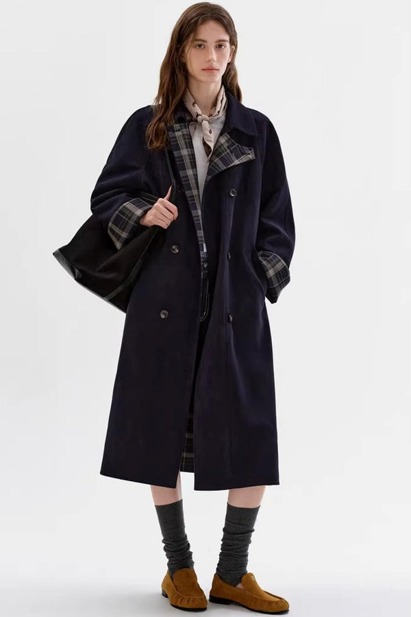 Contrasting Plaid Suede Coat