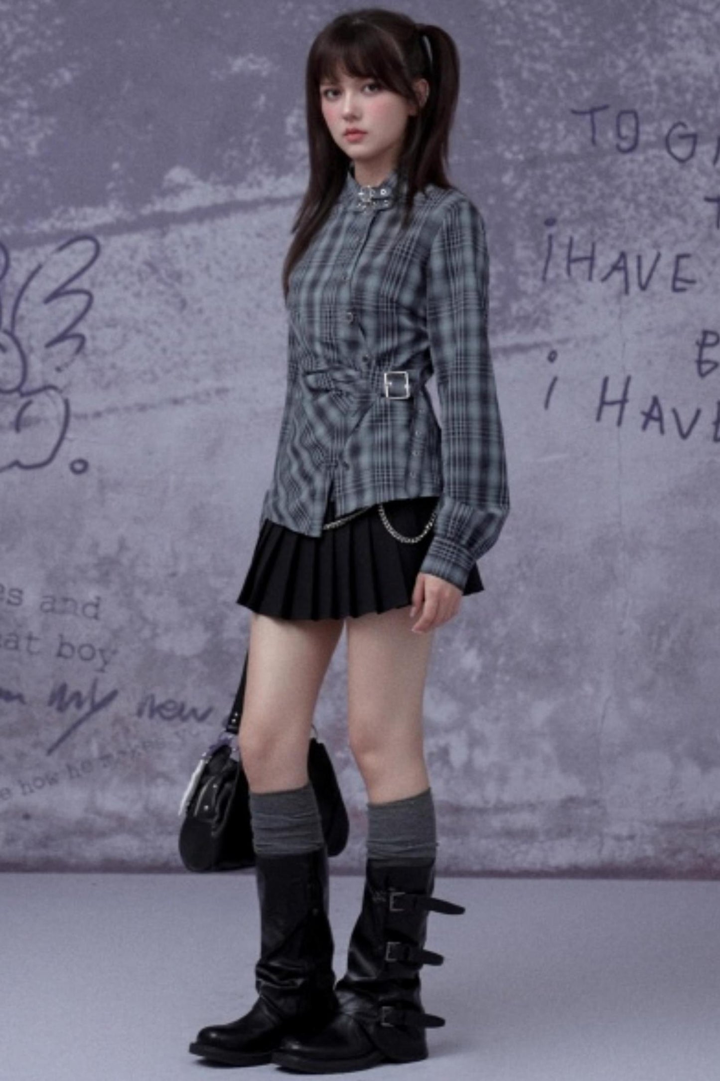 Gray-Blue Irregular Placket Plaid Shirt