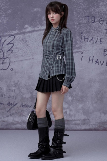Gray-Blue Irregular Placket Plaid Shirt