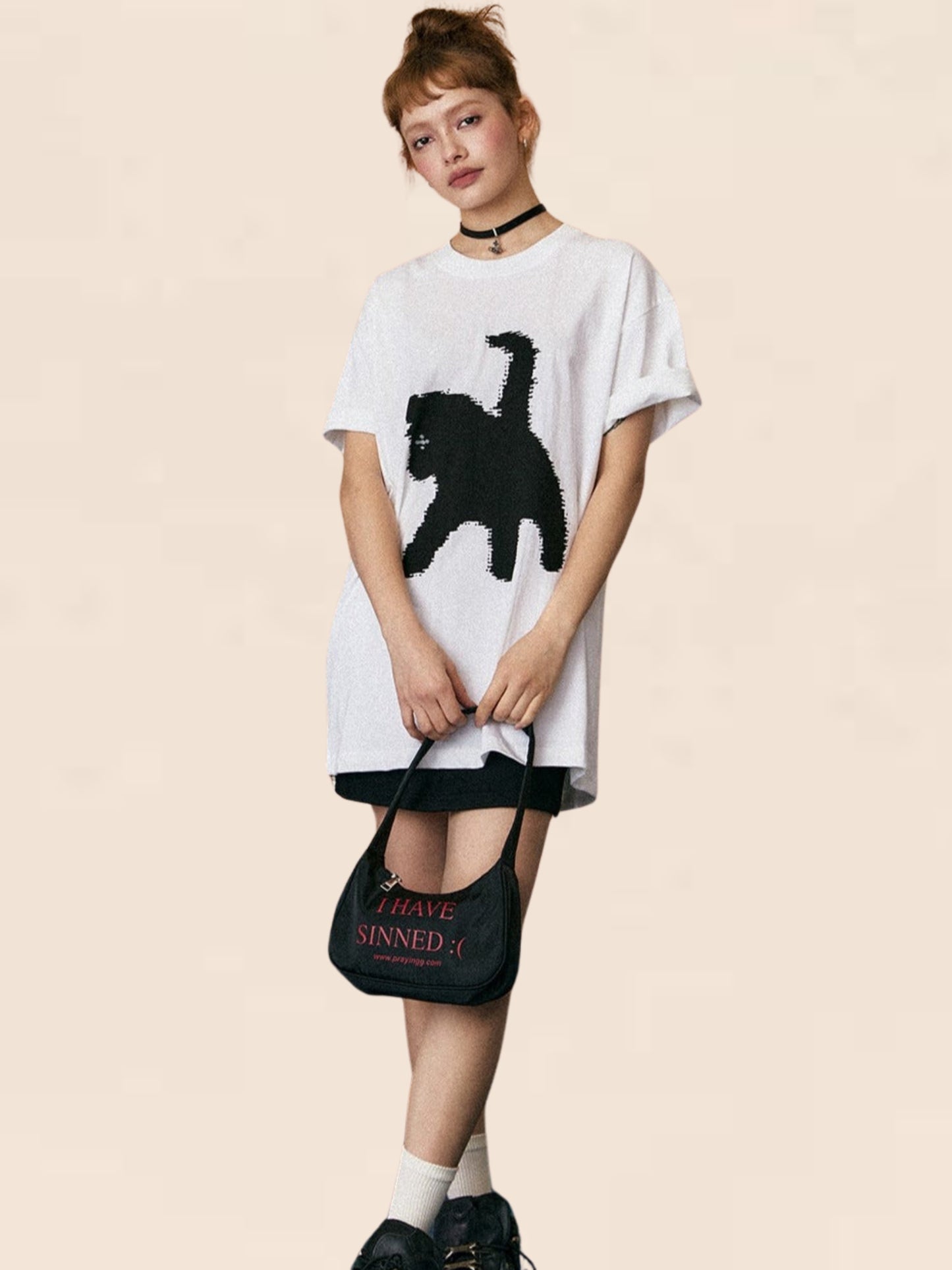 Silhouette Cat Print T-Shirt