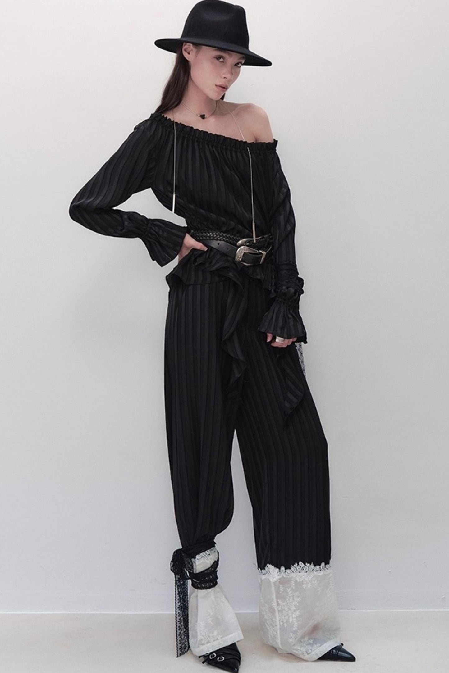 Flowing Tencel Embroidered Striped Straight-leg Pants