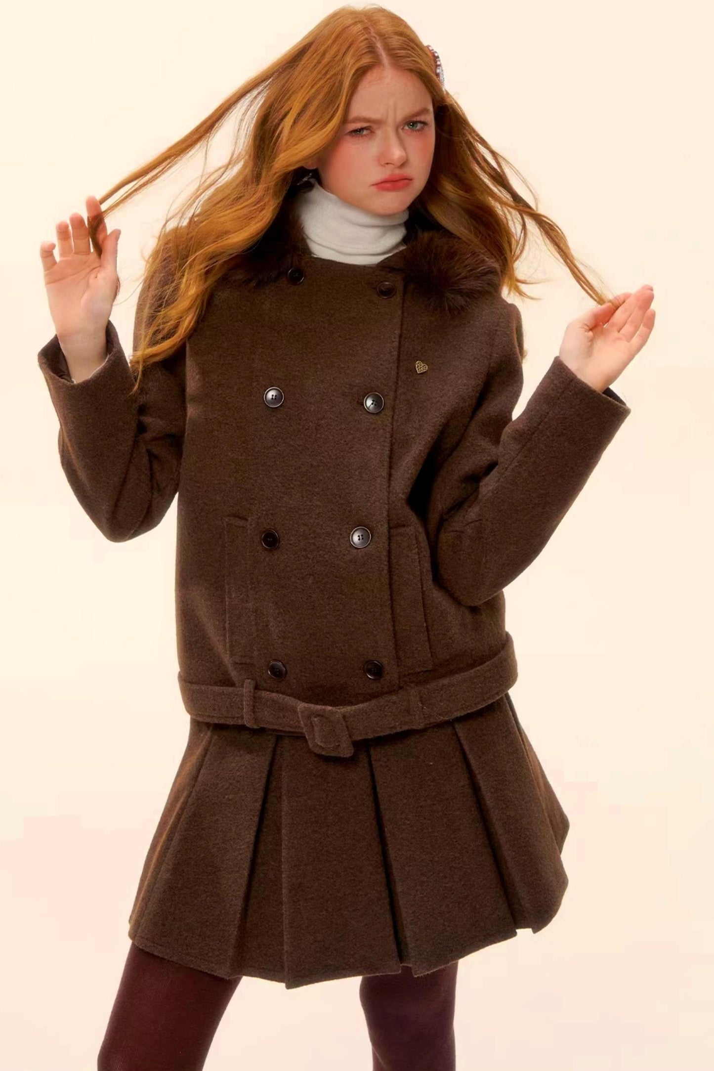 Retro Coffee Woolen Coat Skirt Set-Up