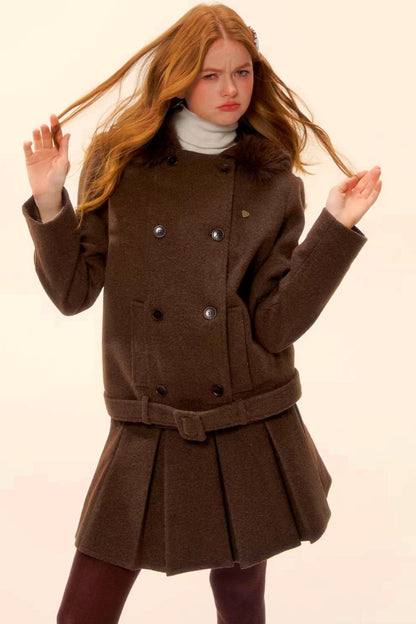 Retro Coffee Woolen Coat Skirt Set-Up