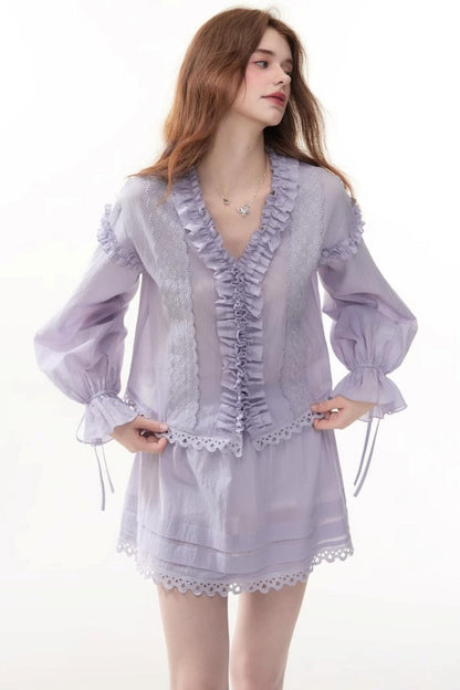 Chic Bubble Sleeve Shirt & Skirt Set-Up